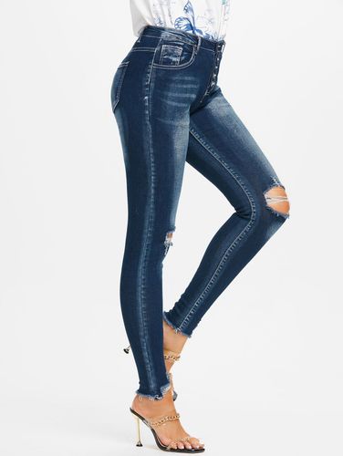 Women Pockets Ripped Button Fly Design Dark Wash Jeans Clothing M - DressLily.com - Modalova