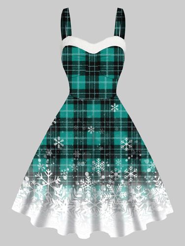 Fashion Women Christmas Dress Ombre Dress Snowflake Plaid Print High Waisted Faux Fur Strap A Line Mini Dress Clothing Online - DressLily.com - Modalova