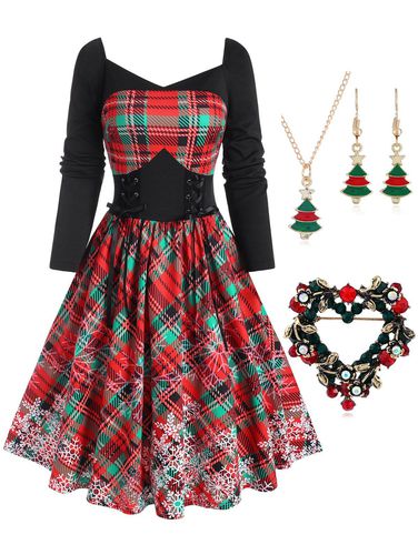 Dresslily Snowflake Print Checked Lace-up Dress And Christmas Tree Necklace Earrings Set Rhinestone Heart Brooch Xmas Outfit - DressLily.com - Modalova
