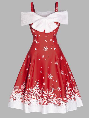 Fashion Women Ombre Snowflake Print Christmas Dress Faux Fur Bowknot Cold Shoulder High Waist Dress Clothing Online - DressLily.com - Modalova