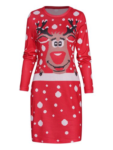 Fashion Women Christmas Cute Elk Graphic Knit Mini Dress Long Sleeve Round Neck Knitted Dress Clothing Online - DressLily.com - Modalova