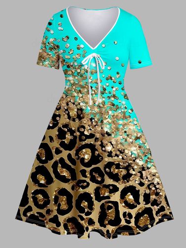 Dresslily WomenFRDresslily Plus Size & Curve Dress Leopard Print Colorblock V Neck Tied A Line Midi Dress Clothing Online 4x - DressLily.com - Modalova