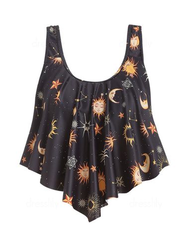 Dresslily Women Sun Moon Star Print Swimsuit Top Pointed Hem Padded Tankini Swimwear Top S - DressLily.com - Modalova