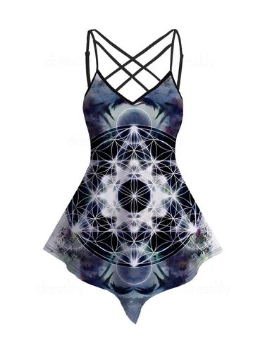 Dresslily Women Geometric Printed Tank Top Lattice Strap Asymmetrical Hem Long Tank Top Clothing Xxl - DressLily.com - Modalova
