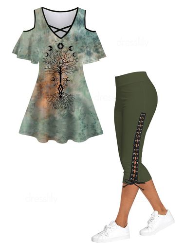 Dresslily Tie Dye Tree Print Crisscross Cold Shoulder T Shirt And Lace Up Skinny Crop Leggings Casual Outfit S - DressLily.com - Modalova