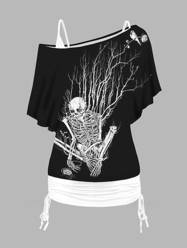 Dresslily Women Tops Skeleton Print Oblique Shoulder T Shirt and Cinched Ruched Tank Top Set Clothing Online L - DressLily.com - Modalova