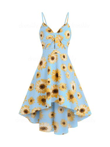 Dresslily Women Vacation Sunflower Print Sundress Spaghetti Strap Summer High Low A Line Dress Clothing M - DressLily.com - Modalova