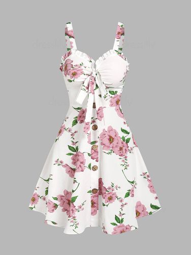Dresslily Women Floral Print Vacation Sundress Garden Party Dress Summer Ruffled Bowknot Mini Dress Clothing M - DressLily.com - Modalova