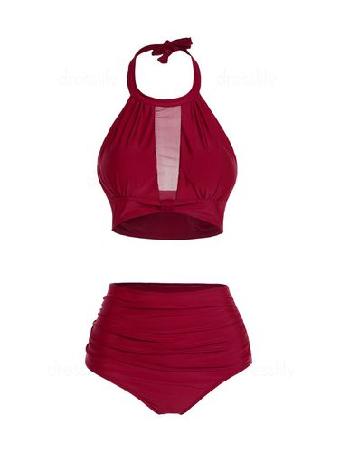 Dresslily Women Halter Tankini Swimsuit Cut Out Plain Color Tummy Control Swimwear Padded High Waisted Bathing Suit Swimsuit M - DressLily.com - Modalova