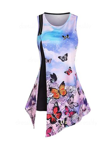 Dresslily Women Asymmetrical Ombre Butterfly Zip Detail Tank Top Clothing L - DressLily.com - Modalova