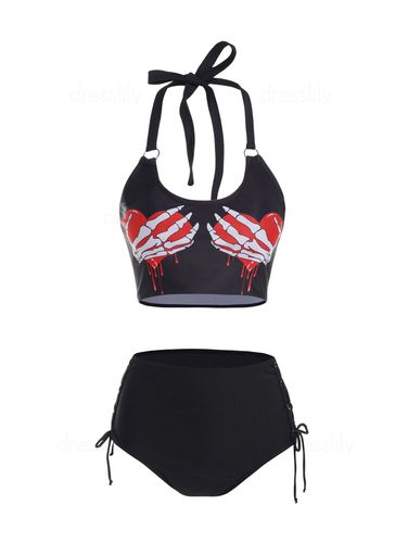 Dresslily Skeleton Bloody Heart Print Bikini Swimsuit Padded Halter Bikini Two Piece Swimwear Lace Up High Waist Bathing Suit Clothing Online S - DressLily.com - Modalova