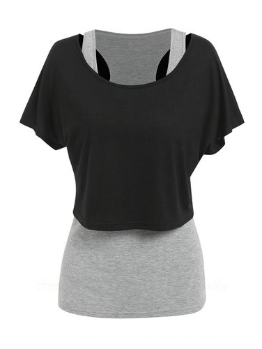 Women Sporty Cropped Plain Scoop Neck T Shirt and Heathered Tank Top Set Clothing Xxxl - DressLily.com - Modalova