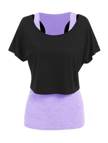 Women Sporty Cropped Plain Scoop Neck T Shirt and Heathered Tank Top Set Clothing L - DressLily.com - Modalova