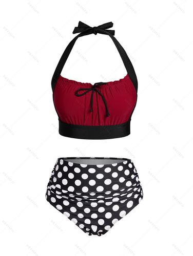 Dresslily Women Vacation Bikini Swimsuit Colorblock Polka Dots Ruffle Bowknot Halter Swimsuit Padded Tummy Control Bathing Suit Swimsuit S - DressLily.com - Modalova