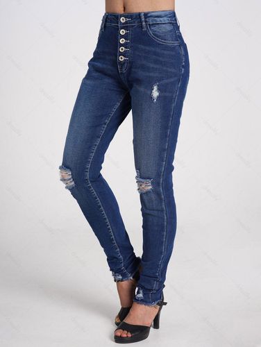 Women Ripped Jeans Pocket Button Up Zipper Casual Denim Pants Clothing M - DressLily.com - Modalova