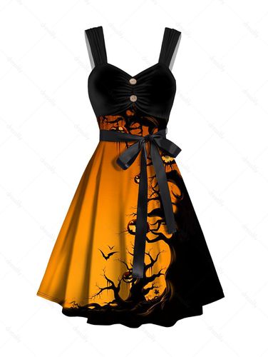 Women Halloween Forest and Pumpkin Print Dress Belt Ruched Sleeveless Mini Dress Clothing S - DressLily.com - Modalova