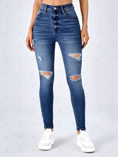 Women Ripped Jeans Zipper Fly Dark Wash Distressed High Waisted Pockets Skinny Denim Pants Clothing 2xl - DressLily.com - Modalova
