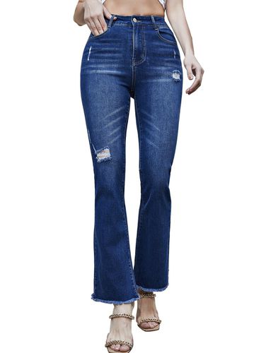 Women Ripped Frayed Hem Flare Jeans Zip Fly Destroy Wash Long Flare Denim Pants Clothing M - DressLily.com - Modalova