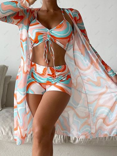 Dresslily Women Vacation Bikini Swimsuit Colored Printed Cinched Boyshorts Sheer Cover-up Three Piece Bikini Set Swimsuit S - DressLily.com - Modalova