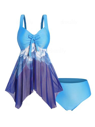 Dresslily Women Plus Size Tankini Swimsuit Flower Print Sheer Mesh Asymmetric Padded Modest Swimsuit High Waist Bathing Suit Swimsuit Beachwear 4x Dee - DressLily.com - Modalova