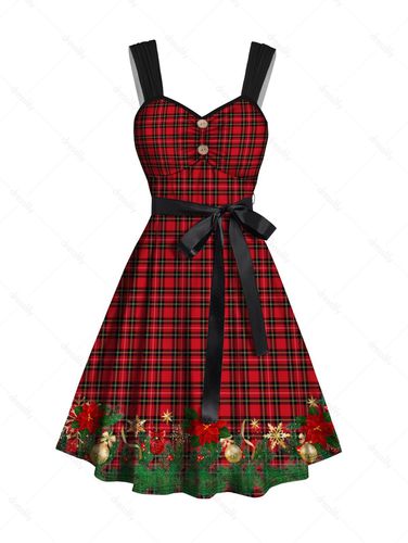Dresslily Women Christmas Belted Mini Dress Plaid Ball Print Mock Button Ruched Sleeveless Dress Clothing Xxl / us 12 - DressLily.com - Modalova