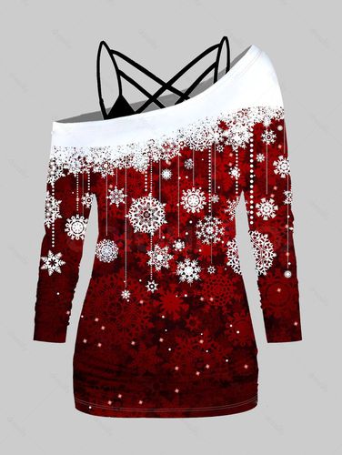 Dresslily Women Christmas Snowflake Print Skew Collar Long Sleeve T-shirt And Lattice Spaghetti Strap Camisole Set Clothing Xl / us 10 - DressLily.com - Modalova