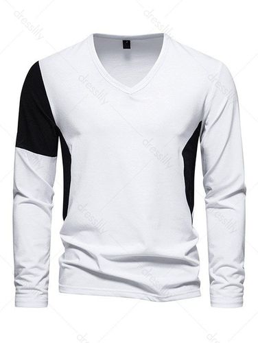 Men Long Sleeves Colorblock Long Sleeve T-shirt V Neck Casual Tee Clothing Online M - DressLily.com - Modalova