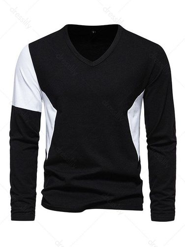 Men Long Sleeves Colorblock Long Sleeve T-shirt V Neck Casual Tee Clothing Online S - DressLily.com - Modalova