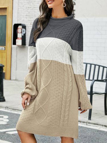 Women Contrast Colorblock Cable Knit Sweater Dress Long Sleeve Ribbed Hem Mini Sweater Dress Clothing L / us 8 - DressLily.com - Modalova