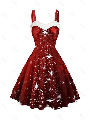 Dresslily Women Christmas Star Snowflake Print Mini Dress Faux Fur Panel Ruched Sweetheart Neck Dress Clothing L / us 8 - DressLily.com - Modalova