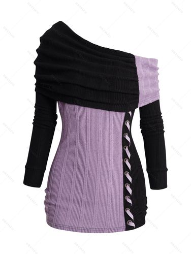 Women Two Tone Skew Collar Knit Top Foldover Colorblock Ruched Knitted Top Clothing M / us 6 - DressLily.com - Modalova