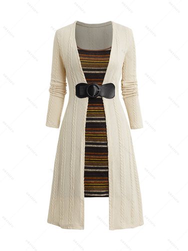 Women Tribal Stripe Knit Faux Twinset Dress Buckle Strap Twisted Knitted Mini 2 In 1 Dress Clothing S / us 4 - DressLily.com - Modalova