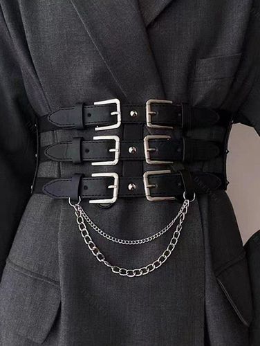 Fashion Women's Three Buckle Wide Pu Belt With Chain Decor Punk Elastic Corset Belt Accessories - DressLily.com - Modalova