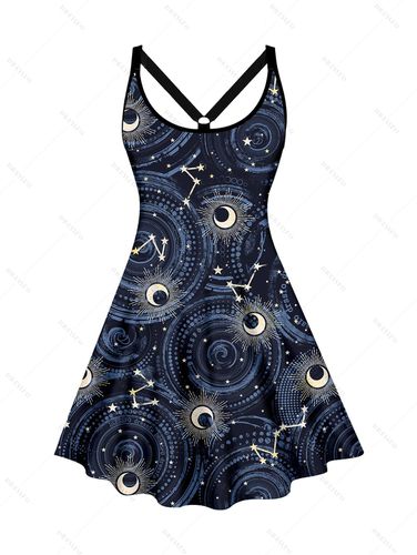 Women Plus Size Celestial Moon Galaxy Star Print Dress V Neck O-Ring A Line Mini Dress Clothing Online L / us 14 - DressLily.com - Modalova