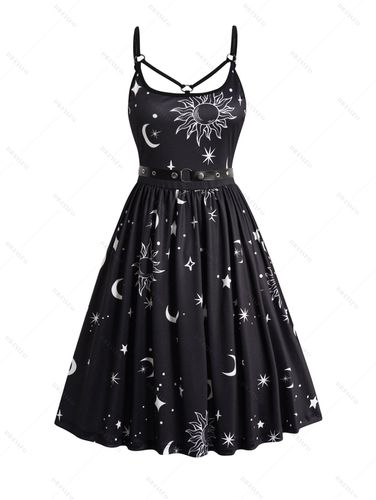 Women Sun Moon Star Print Mini Dress Self-belt O Ring Adjustable Spaghetti Strap Dress Clothing S / us 4 - DressLily.com - Modalova