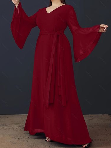 Women Plus Size Solid Color V Neck Ruffle Sleeve Dress Self Belted V Back Maxi Dress Clothing Online 1xl / us 12 - DressLily.com - Modalova