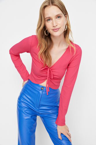 Pink Pleated Crop Knitted Blouse - Trendyol - Modalova