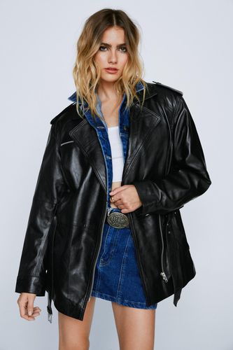 Womens Real Leather Zip Detail Longline Belted Jacket - - 4 - Nasty Gal - Modalova