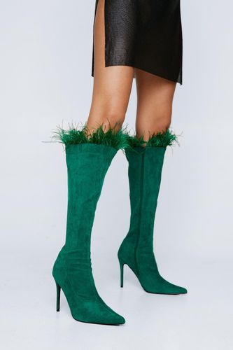 Womens Faux Leather Feather Trim Knee High Boots - - 3 - Nasty Gal - Modalova