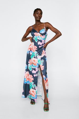 Womens Floral Print Satin Wrap Maxi Dress - - 6 - Nasty Gal - Modalova