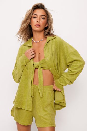 Womens Towelling Tie Front Bralette And Shirt 3pc Shorts Set - - 12 - Nasty Gal - Modalova