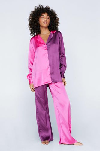 Womens Satin Colorblock Pajama Shirt And trousers Set - - 4 - Nasty Gal - Modalova