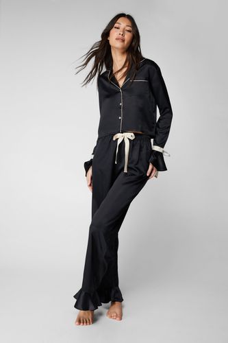 Womens Satin Contrast Tie Cuff Pajama Shirt And trousers Set - - 10 - Nasty Gal - Modalova