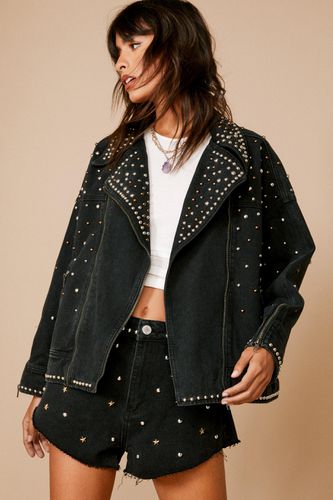 Womens Premium Embellished Studded Denim Biker Jacket - - XL - Nasty Gal - Modalova