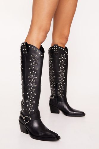 Womens Leather Star Studded Knee High Cowboy Boots - - 3 - Nasty Gal - Modalova