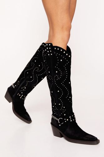 Womens Suede Studded Harness Knee High Cowboy Boots - - 3 - Nasty Gal - Modalova