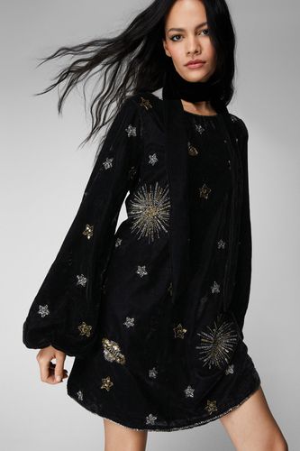 Womens Celestial Embellished Velvet Neck Tie Mini Dress - - 6 - Nasty Gal - Modalova