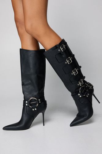 Womens Faux Leather Buckle Detail Pointed Toe Knee High Boots - - 3 - Nasty Gal - Modalova