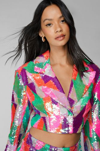 Womens Multicolor Patterned Sequin Cropped Blazer - 12 - Nasty Gal - Modalova