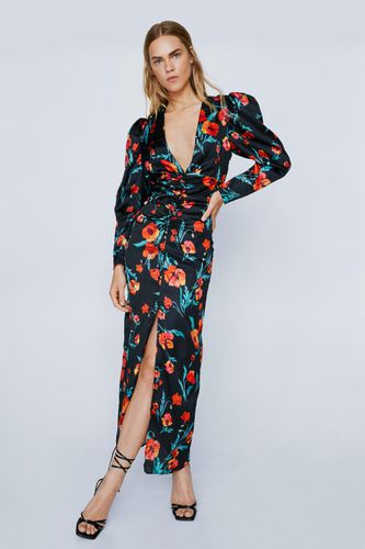 Womens Large Floral Print Satin Puff Sleeve Maxi Dress - - 4 - Nasty Gal - Modalova